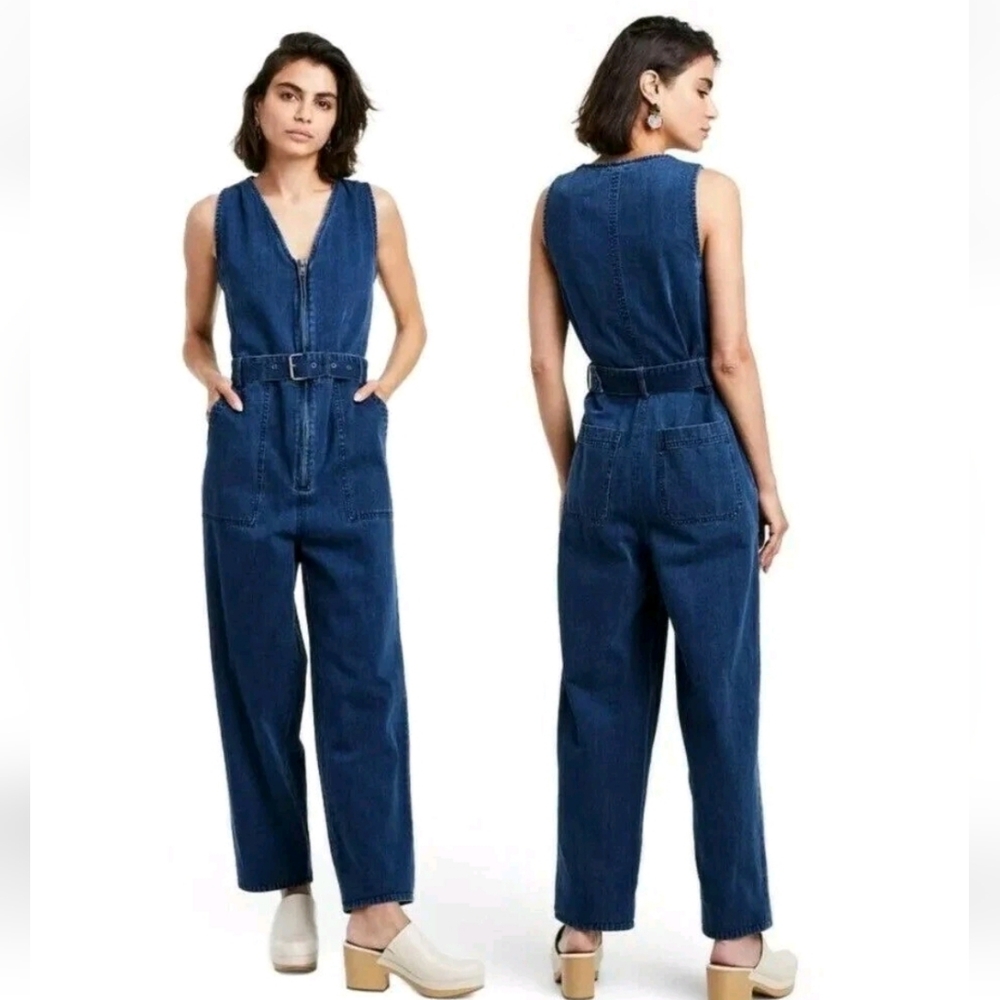 Rachel Comey Dark Blue Denim Sleeveless Belted Jumpsuit
